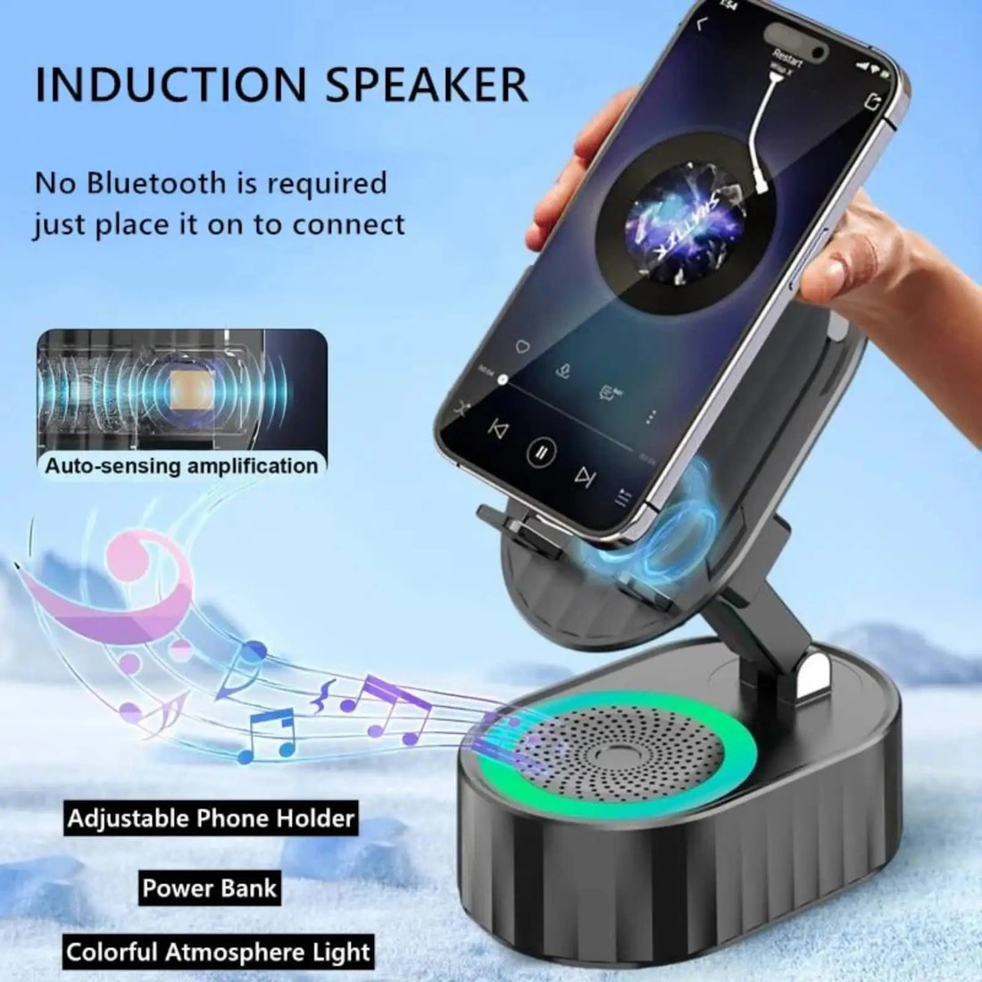 5 In1 Wireless Induction Bluetooth Speaker Phone Stand Cellphone Charger Power Bank Atmosphere Light Tablet Holder Bracket Black
