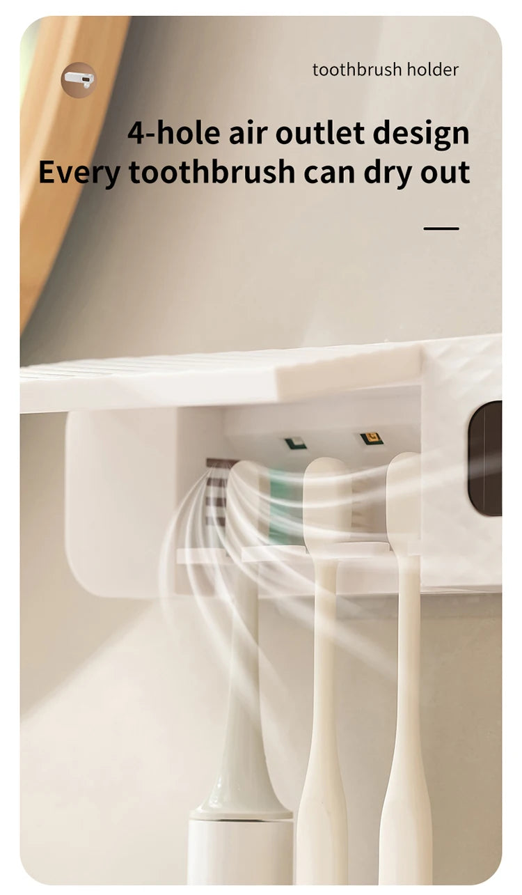 Smart Toothbrush Rack Wall Mounted – 3-Slot Holder with Toothpaste Dispenser & Intelligent Drying
