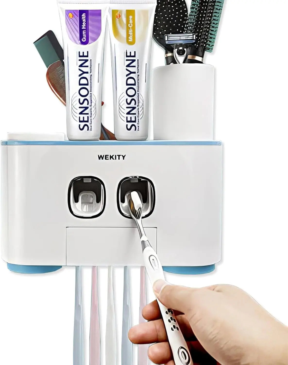 Toothbrush Holder Wall Mounted, WEKITY Multi-Functional Toothbrush and Toothpaste Dispenser for Bathroom, with 5 Toothbrush Slot