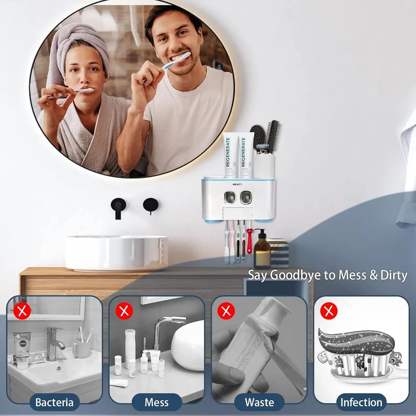 Toothbrush Holder Wall Mounted, WEKITY Multi-Functional Toothbrush and Toothpaste Dispenser for Bathroom, with 5 Toothbrush Slot