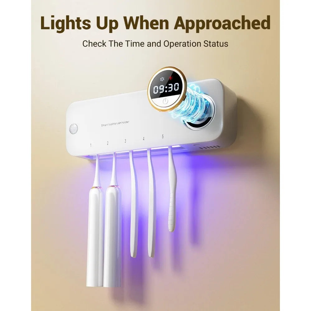 Wall-Mount Toothbrush Holder with Auto-Drying, 4000mAh Battery, Infrared Sensor, Holds 5 Toothbrushes