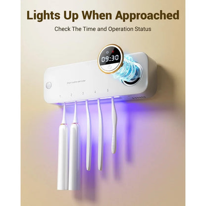 Wall-Mount Toothbrush Holder with Auto-Drying, 4000mAh Battery, Infrared Sensor, Holds 5 Toothbrushes