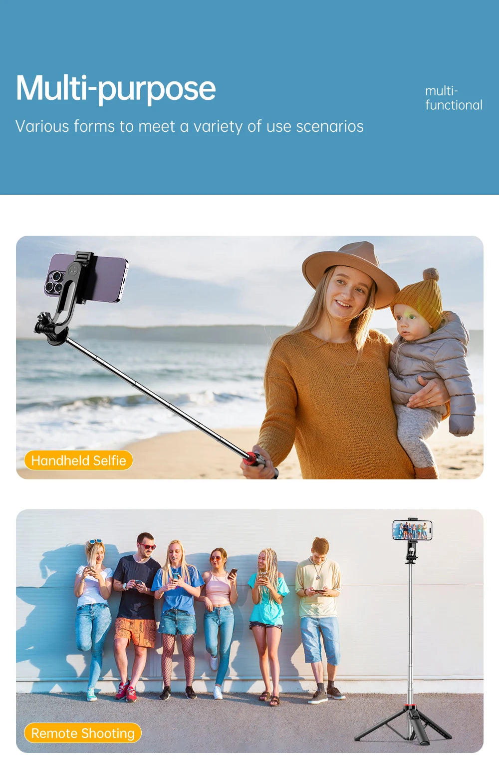 C13C13d Portable Selfie Stick with Bluetooth Remote – 360° Rotating Tripod & Phone Holder