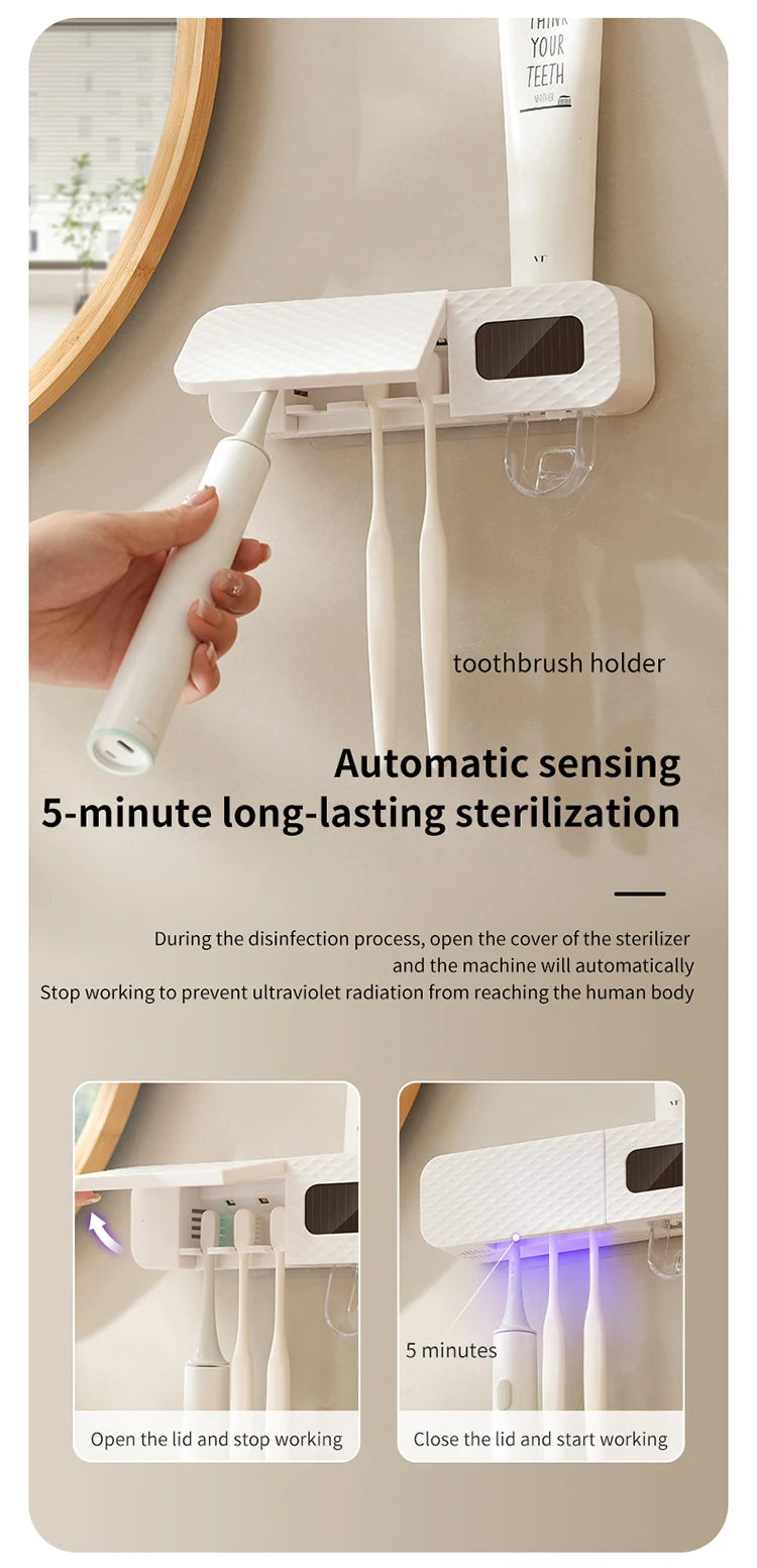 Smart Toothbrush Rack Wall Mounted – 3-Slot Holder with Toothpaste Dispenser & Intelligent Drying