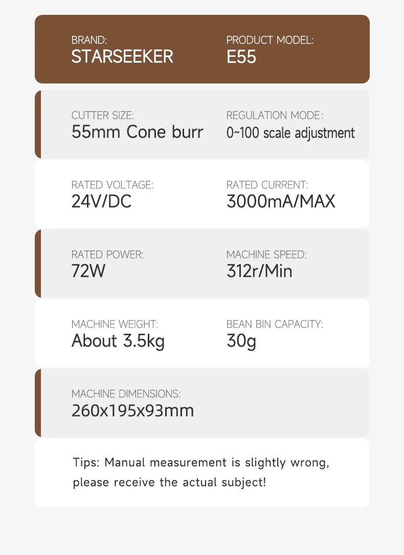 TARSEEKER E55 Electric Coffee Grinder – 55MM Espresso Burr with Stepless Fineness Adjustment for Cold Brew