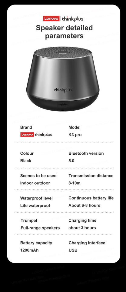 Lenovo K3 Pro Portable Bluetooth Speaker – Wireless Stereo Surround Loudspeaker for Music & Audio