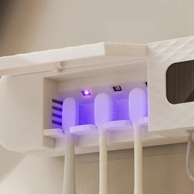 Smart Toothbrush Rack Wall Mounted – 3-Slot Holder with Toothpaste Dispenser & Intelligent Drying