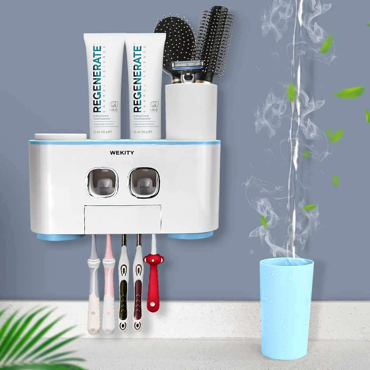 Toothbrush Holder Wall Mounted, WEKITY Multi-Functional Toothbrush and Toothpaste Dispenser for Bathroom, with 5 Toothbrush Slot