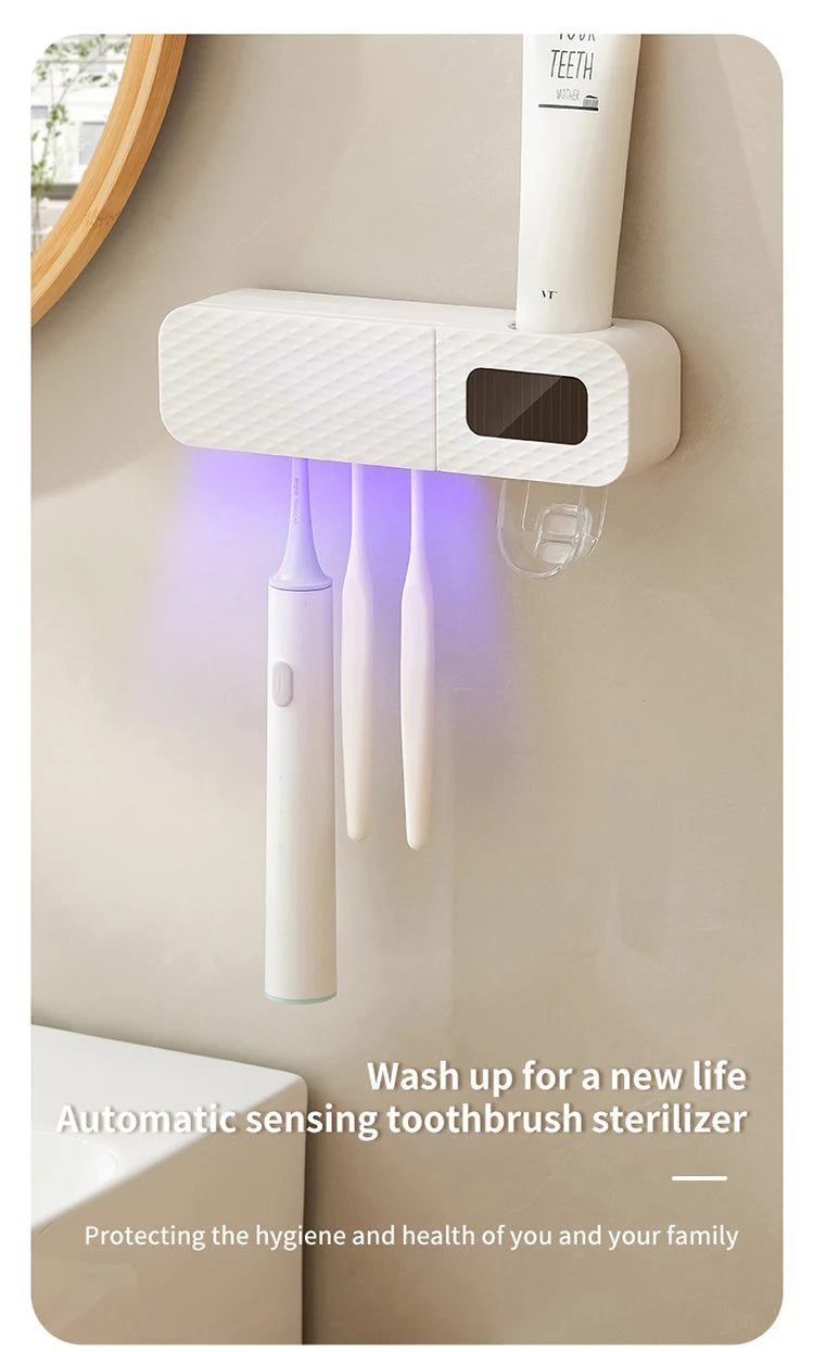 Smart Toothbrush Rack Wall Mounted – 3-Slot Holder with Toothpaste Dispenser & Intelligent Drying