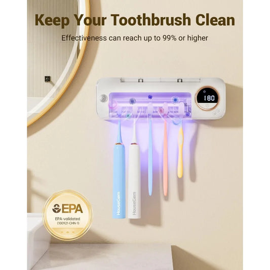 Wall-Mount Toothbrush Holder with Auto-Drying, 4000mAh Battery, Infrared Sensor, Holds 5 Toothbrushes