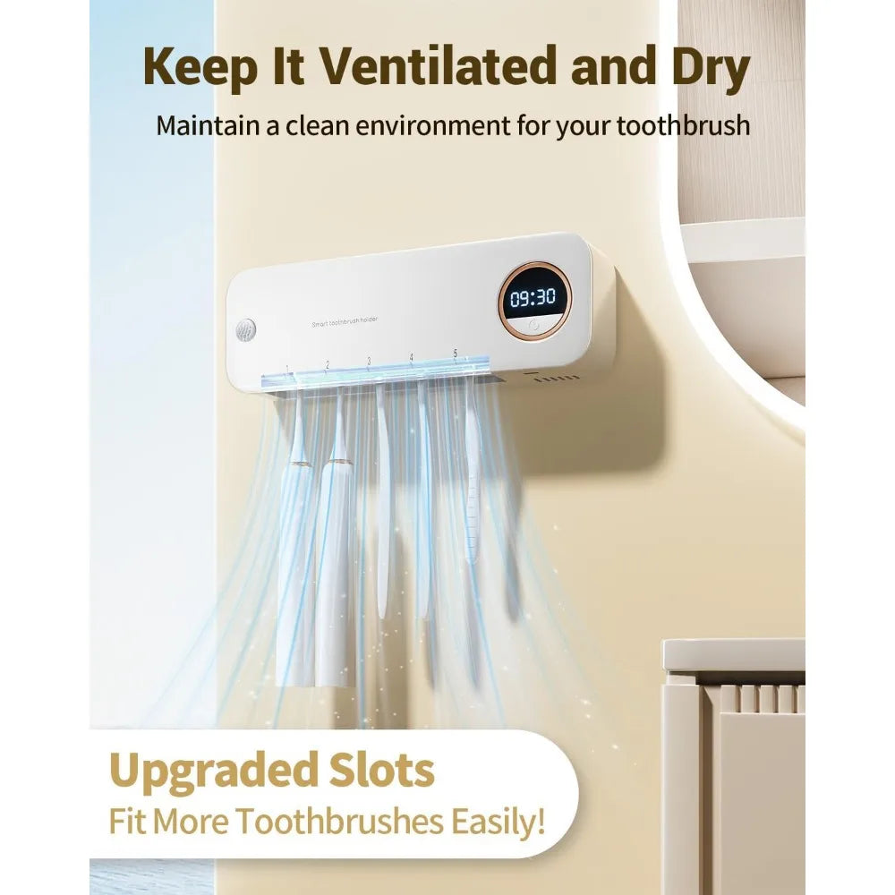 Wall-Mount Toothbrush Holder with Auto-Drying, 4000mAh Battery, Infrared Sensor, Holds 5 Toothbrushes