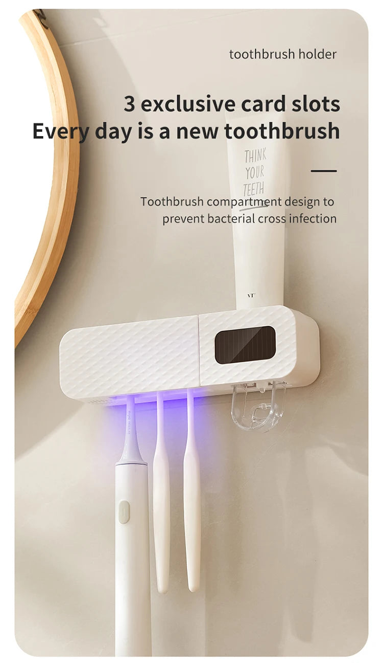 Smart Toothbrush Rack Wall Mounted – 3-Slot Holder with Toothpaste Dispenser & Intelligent Drying