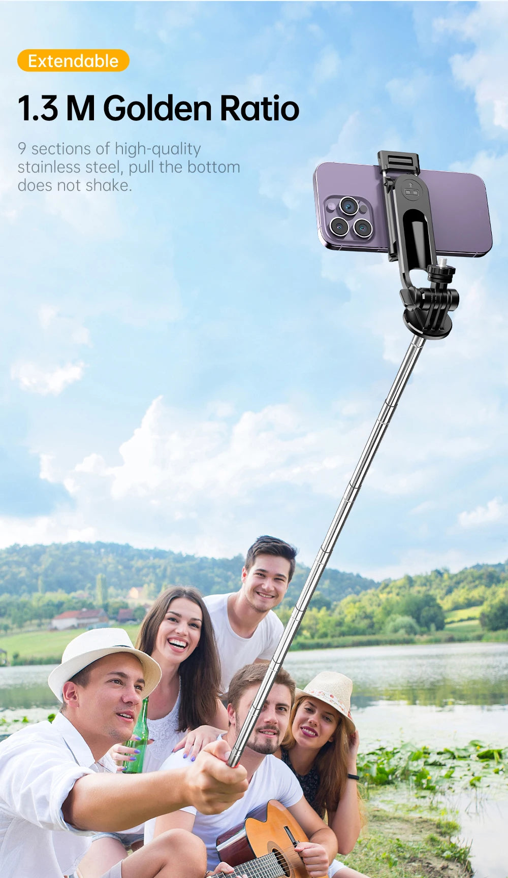 C13C13d Portable Selfie Stick with Bluetooth Remote – 360° Rotating Tripod & Phone Holder
