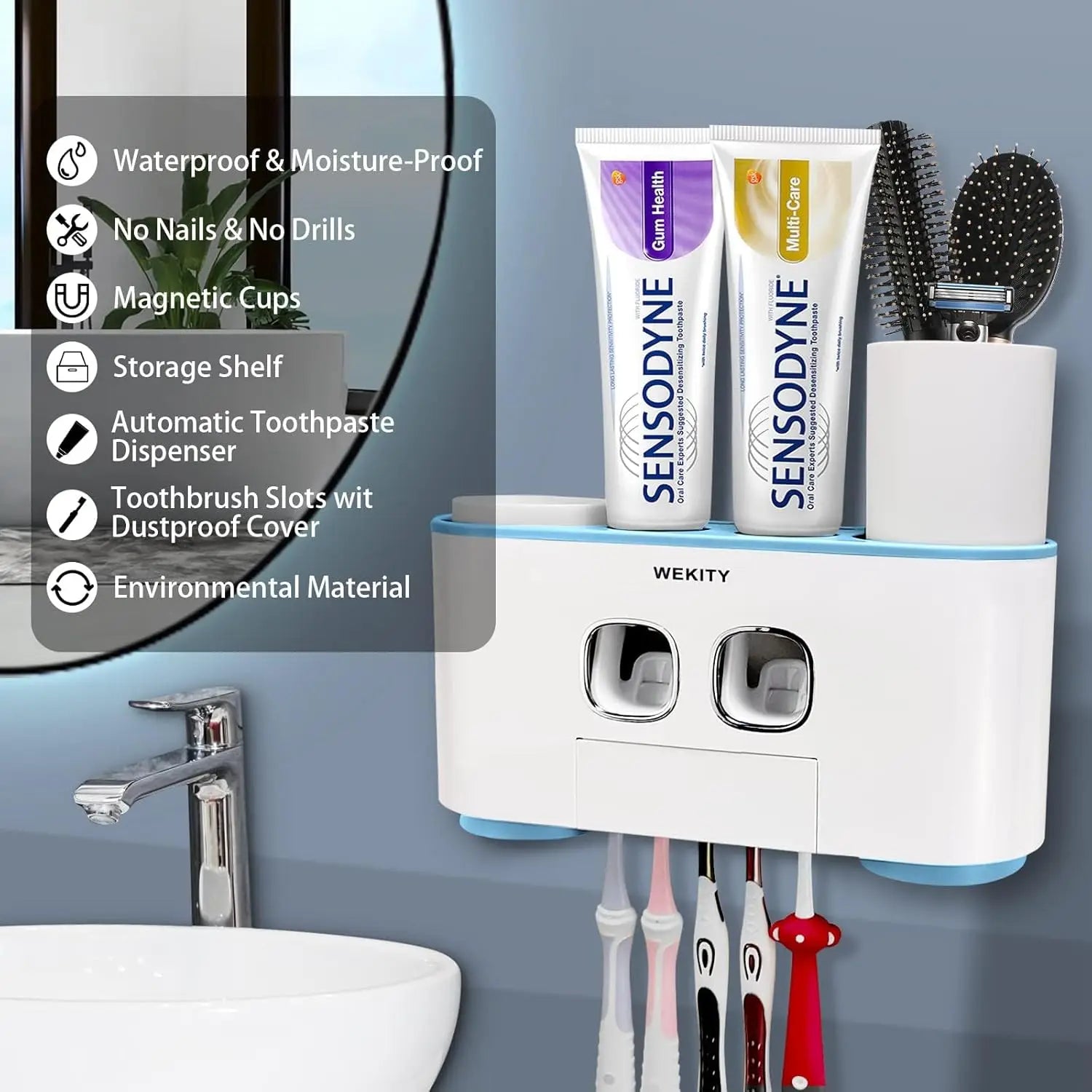 Toothbrush Holder Wall Mounted, WEKITY Multi-Functional Toothbrush and Toothpaste Dispenser for Bathroom, with 5 Toothbrush Slot