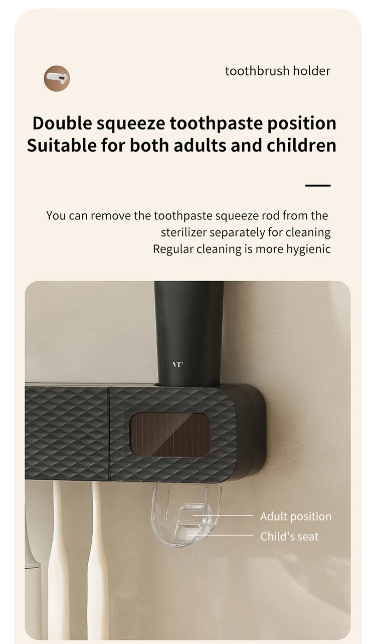 Smart Toothbrush Rack Wall Mounted – 3-Slot Holder with Toothpaste Dispenser & Intelligent Drying