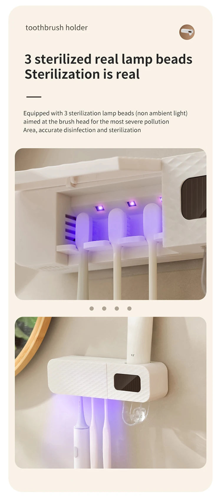 Smart Toothbrush Rack Wall Mounted – 3-Slot Holder with Toothpaste Dispenser & Intelligent Drying