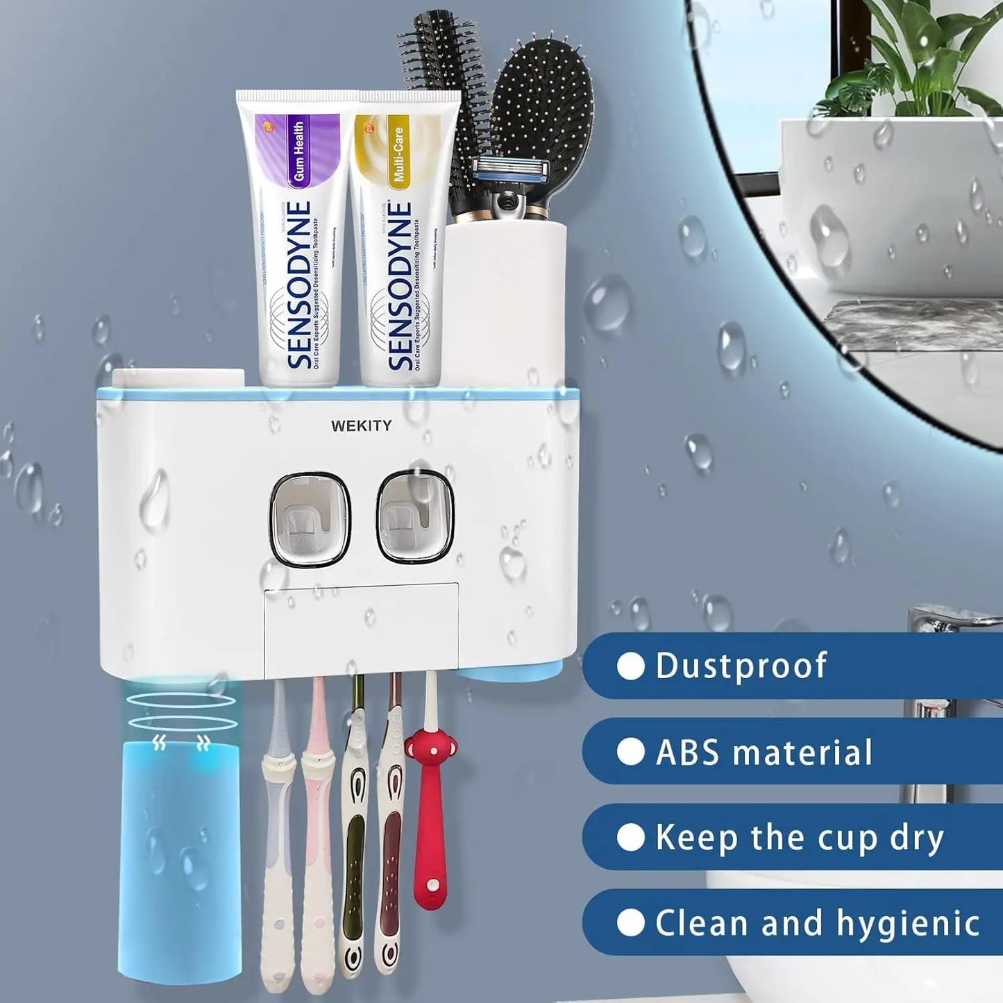 Toothbrush Holder Wall Mounted, WEKITY Multi-Functional Toothbrush and Toothpaste Dispenser for Bathroom, with 5 Toothbrush Slot
