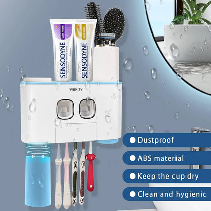 Toothbrush Holder Wall Mounted, WEKITY Multi-Functional Toothbrush and Toothpaste Dispenser for Bathroom, with 5 Toothbrush Slot