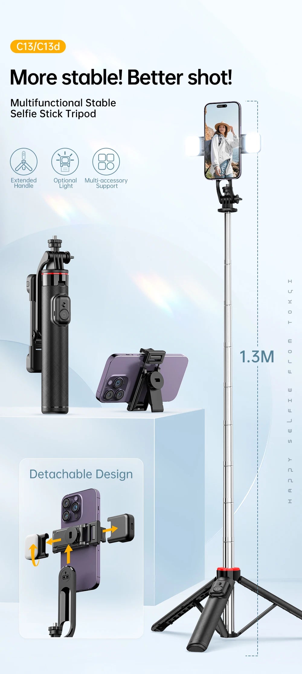 C13C13d Portable Selfie Stick with Bluetooth Remote – 360° Rotating Tripod & Phone Holder
